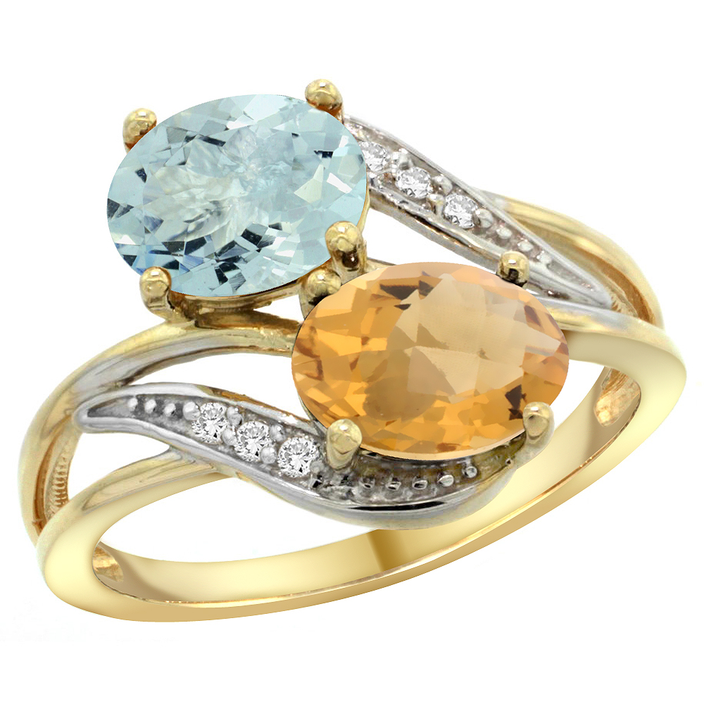 14K Yellow Gold Diamond Natural Aquamarine &amp; Whisky Quartz 2-stone Ring Oval 8x6mm, sizes 5 - 10