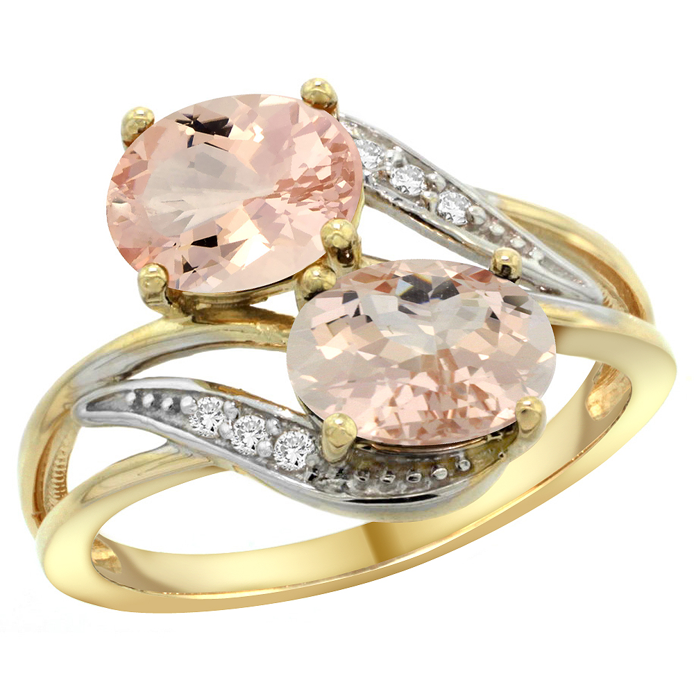 14K Yellow Gold Diamond Natural Morganite 2-stone Ring Oval 8x6mm, sizes 5 - 10