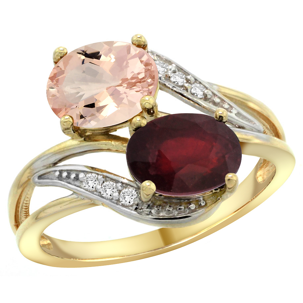 14K Yellow Gold Diamond Natural Morganite &amp; Enhanced Ruby 2-stone Ring Oval 8x6mm, sizes 5 - 10