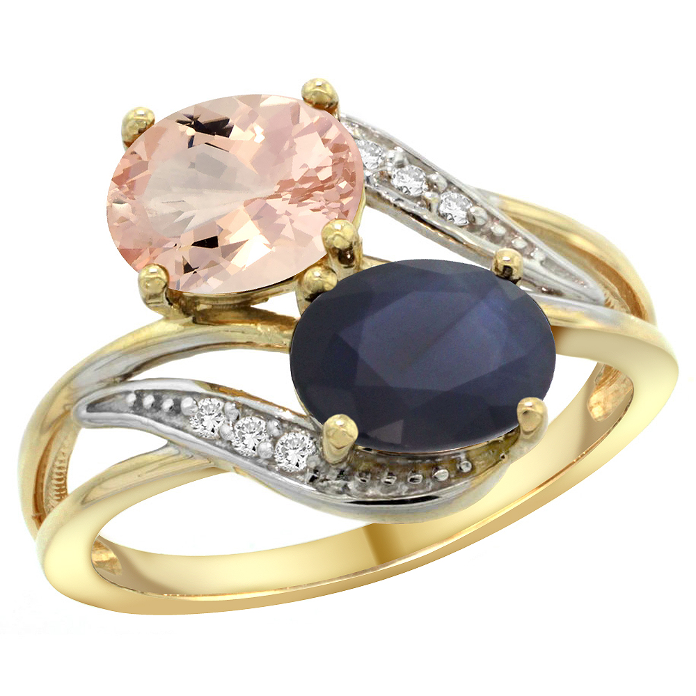 14K Yellow Gold Diamond Natural Morganite &amp; Blue Sapphire 2-stone Ring Oval 8x6mm, sizes 5 - 10