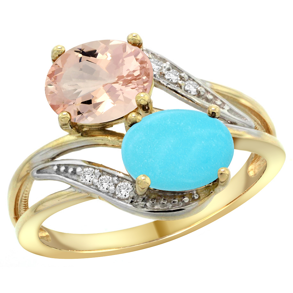 14K Yellow Gold Diamond Natural Morganite &amp; Turquoise 2-stone Ring Oval 8x6mm, sizes 5 - 10