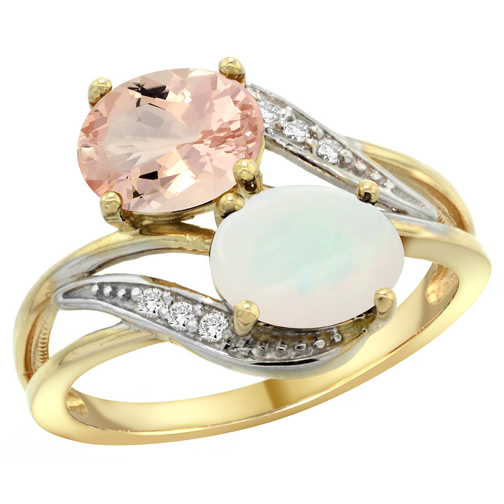 14K Yellow Gold Diamond Natural Morganite &amp; Opal 2-stone Ring Oval 8x6mm, sizes 5 - 10