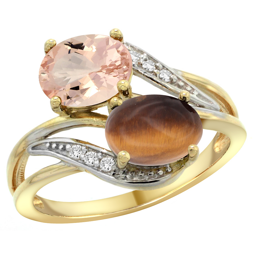 14K Yellow Gold Diamond Natural Morganite &amp; Tiger Eye 2-stone Ring Oval 8x6mm, sizes 5 - 10