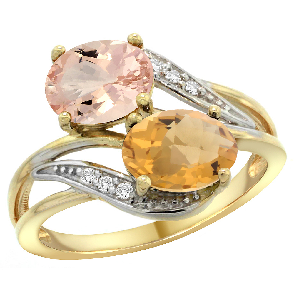 14K Yellow Gold Diamond Natural Morganite &amp; Whisky Quartz 2-stone Ring Oval 8x6mm, sizes 5 - 10