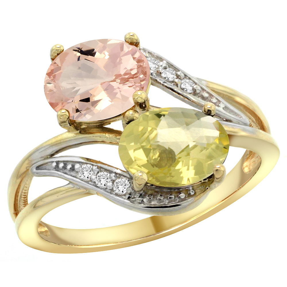 14K Yellow Gold Diamond Natural Morganite &amp; Lemon Quartz 2-stone Ring Oval 8x6mm, sizes 5 - 10