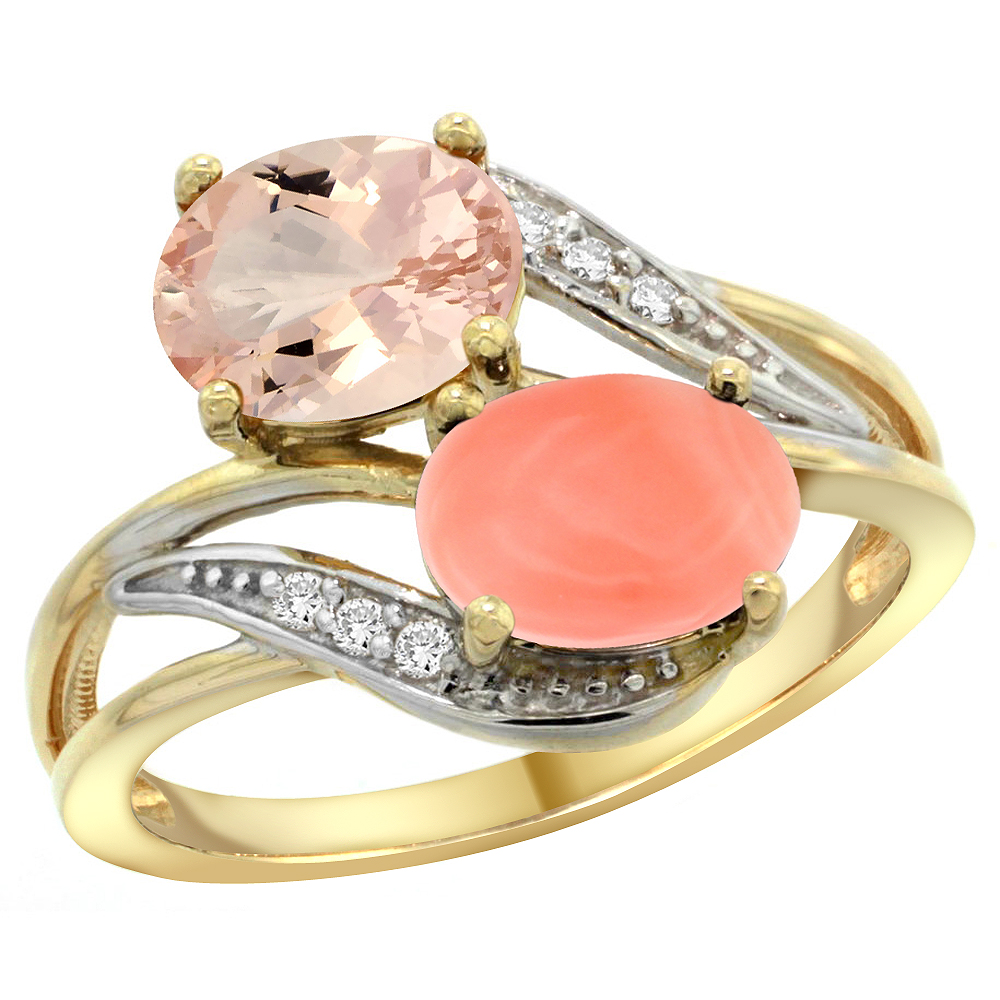 14K Yellow Gold Diamond Natural Morganite &amp; Coral 2-stone Ring Oval 8x6mm, sizes 5 - 10