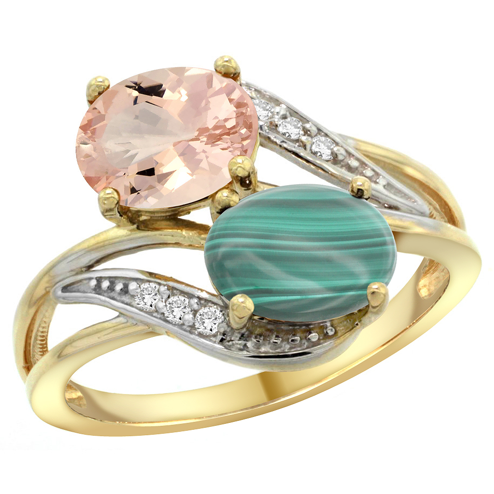 14K Yellow Gold Diamond Natural Morganite &amp; Malachite 2-stone Ring Oval 8x6mm, sizes 5 - 10