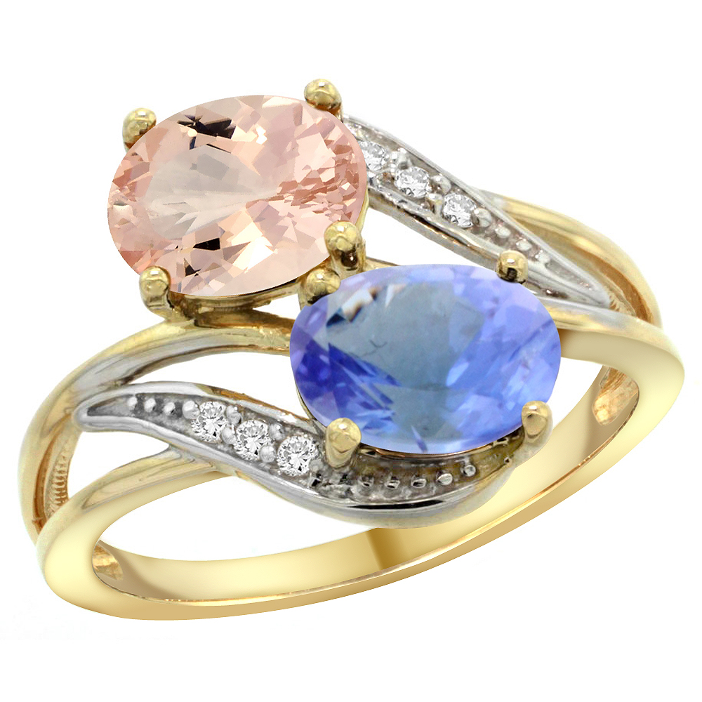 14K Yellow Gold Diamond Natural Morganite & Tanzanite 2-stone Ring Oval 8x6mm, sizes 5 - 10