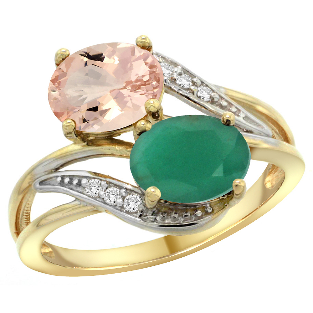 14K Yellow Gold Diamond Natural Morganite &amp; Quality Emerald 2-stone Mothers Ring Oval 8x6mm, size 5 - 10