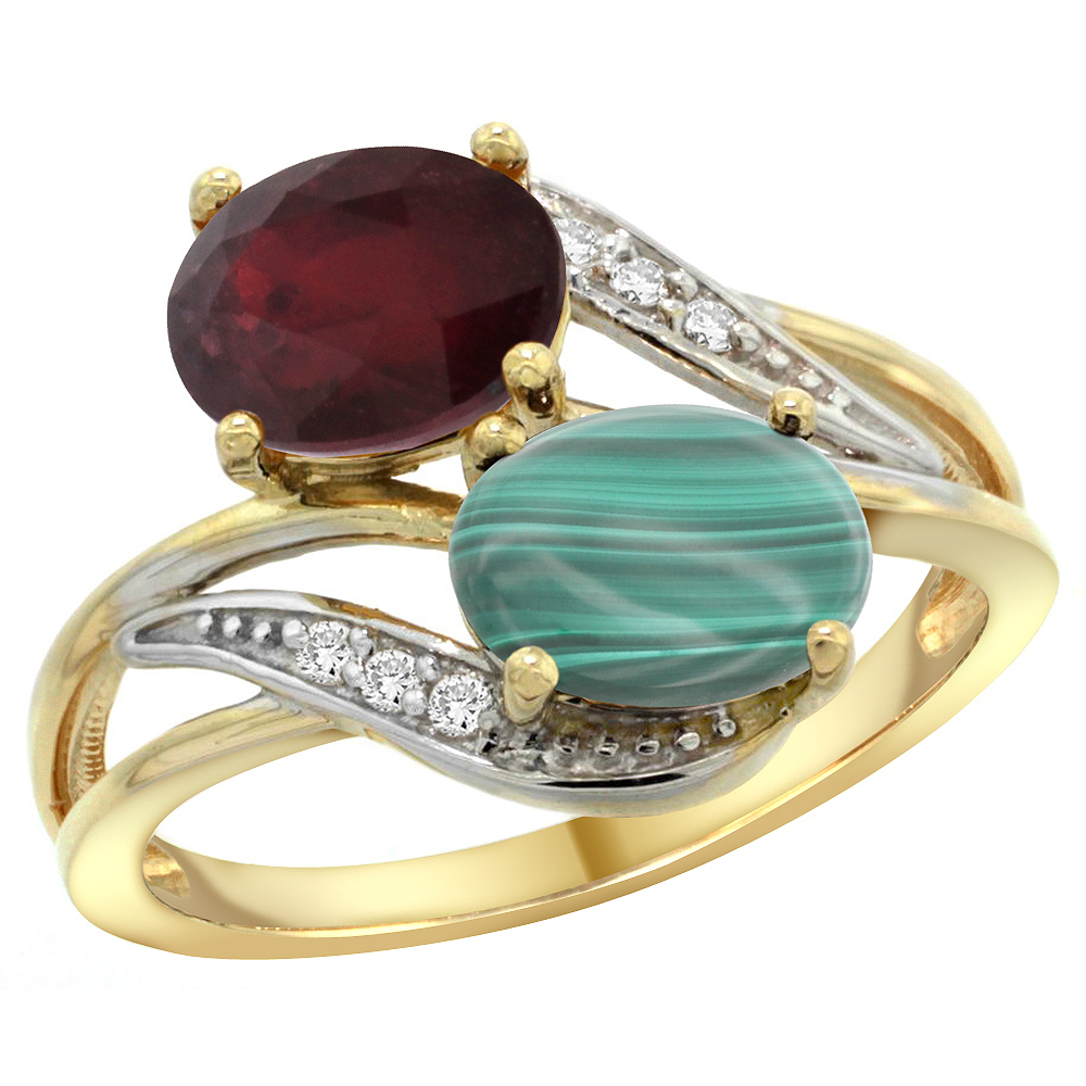 14K Yellow Gold Diamond Enhanced Ruby &amp; Natural Malachite 2-stone Ring Oval 8x6mm, sizes 5 - 10