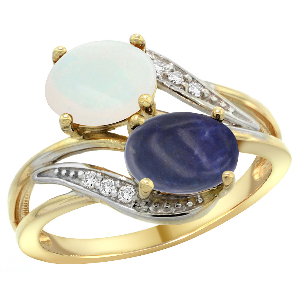 14K Yellow Gold Diamond Natural Opal & Lapis 2-stone Ring Oval 8x6mm, sizes 5 - 10