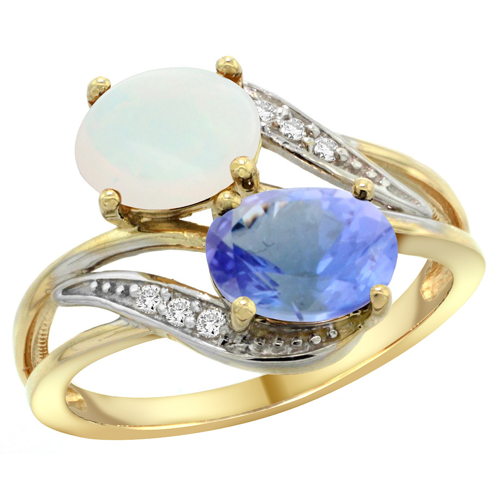 14K Yellow Gold Diamond Natural Opal &amp; Tanzanite 2-stone Ring Oval 8x6mm, sizes 5 - 10