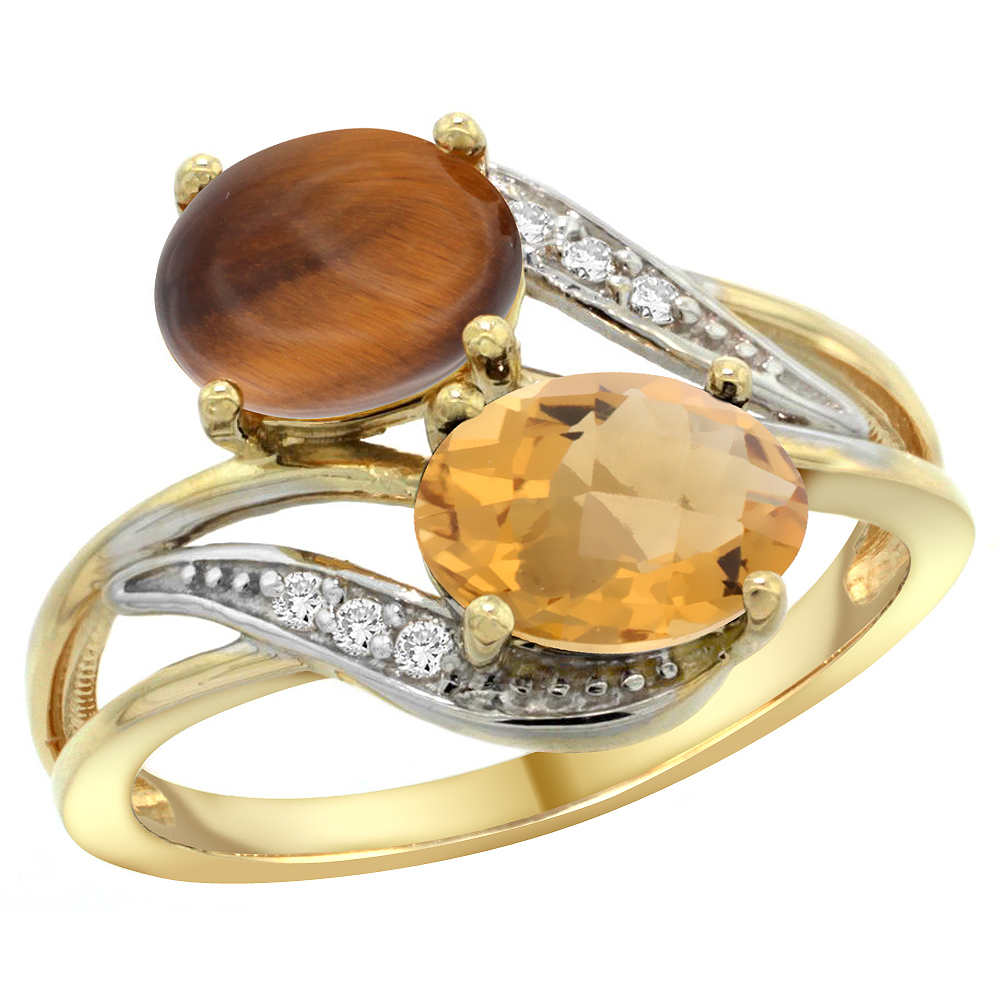 14K Yellow Gold Diamond Natural Tiger Eye & Whisky Quartz 2-stone Ring Oval 8x6mm, sizes 5 - 10