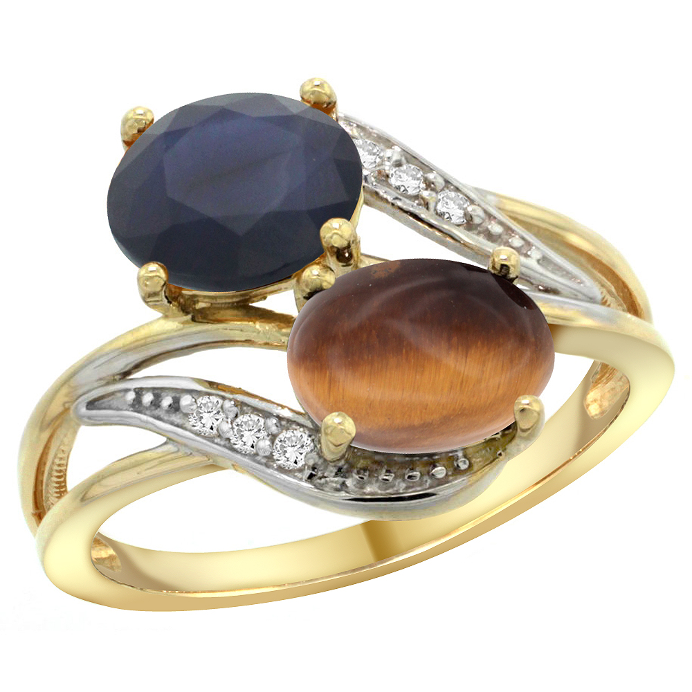 14K Yellow Gold Diamond Natural Tiger Eye &amp; Australian Sapphire 2-stone Ring Oval 8x6mm, sizes 5 - 10