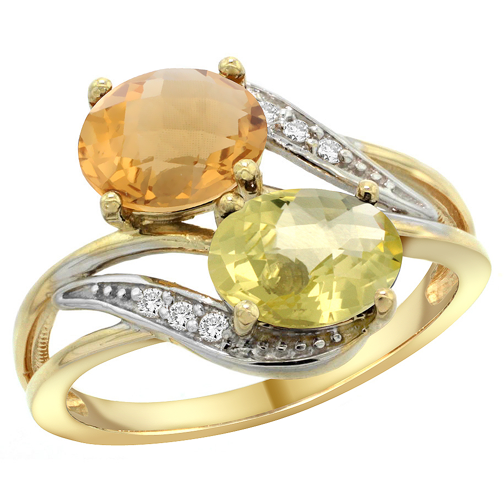 14K Yellow Gold Diamond Natural Whisky Quartz &amp; Lemon Quartz 2-stone Ring Oval 8x6mm, sizes 5 - 10