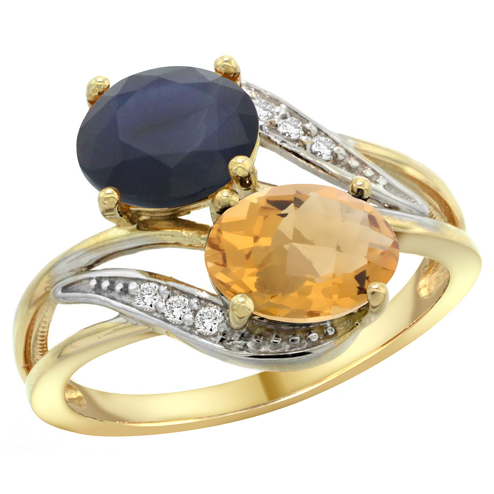 14K Yellow Gold Diamond Natural Whisky Quartz & Australian Sapphire 2-stone Ring Oval 8x6mm, sizes 5 - 10