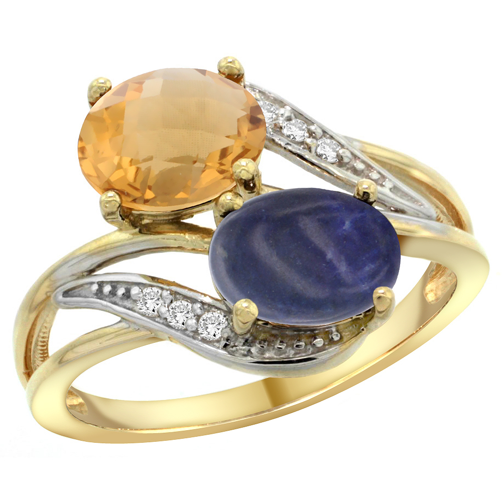 14K Yellow Gold Diamond Natural Whisky Quartz &amp; Lapis 2-stone Ring Oval 8x6mm, sizes 5 - 10