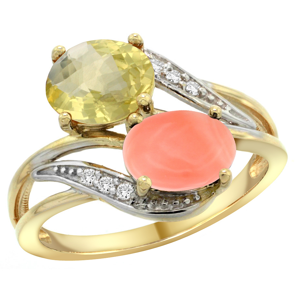 14K Yellow Gold Diamond Natural Lemon Quartz &amp; Coral 2-stone Ring Oval 8x6mm, sizes 5 - 10