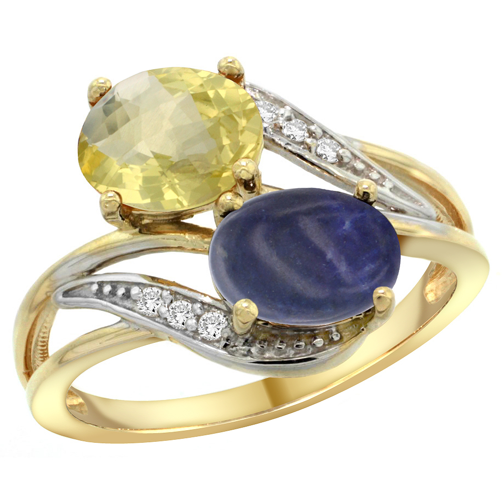 14K Yellow Gold Diamond Natural Lemon Quartz &amp; Lapis 2-stone Ring Oval 8x6mm, sizes 5 - 10