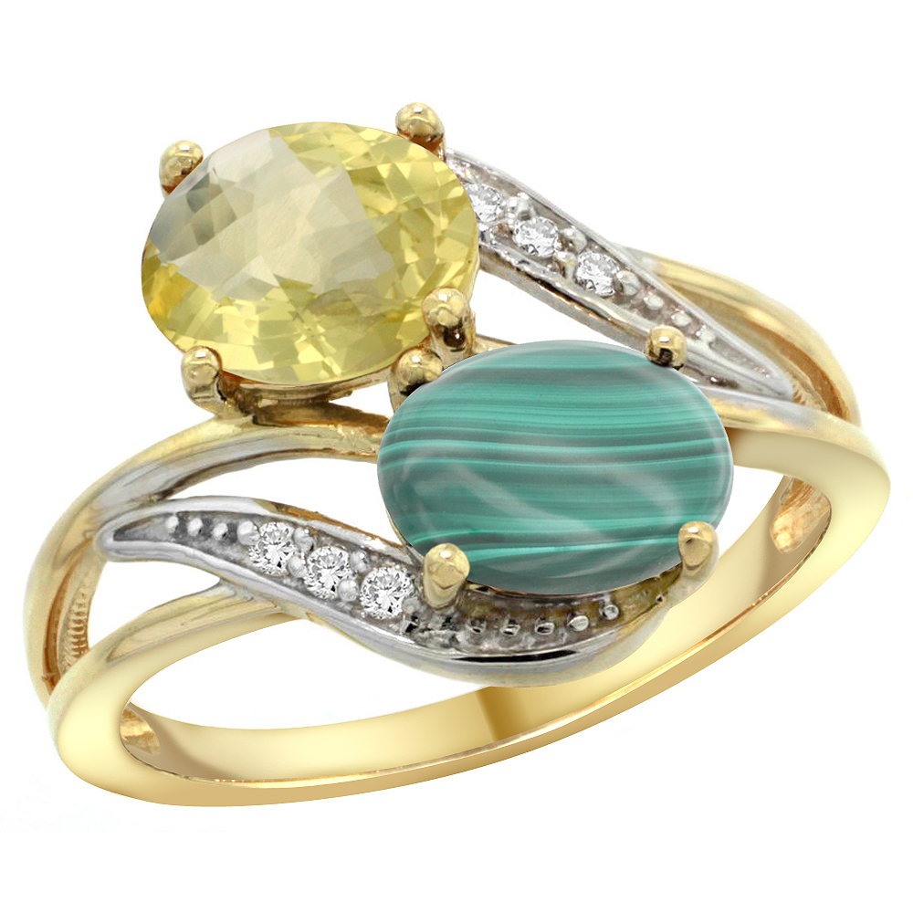 14K Yellow Gold Diamond Natural Lemon Quartz &amp; Malachite 2-stone Ring Oval 8x6mm, sizes 5 - 10