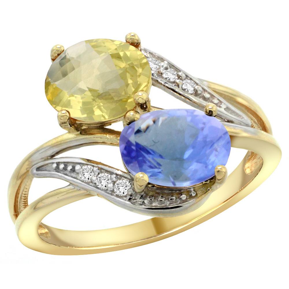 14K Yellow Gold Diamond Natural Lemon Quartz &amp; Tanzanite 2-stone Ring Oval 8x6mm, sizes 5 - 10