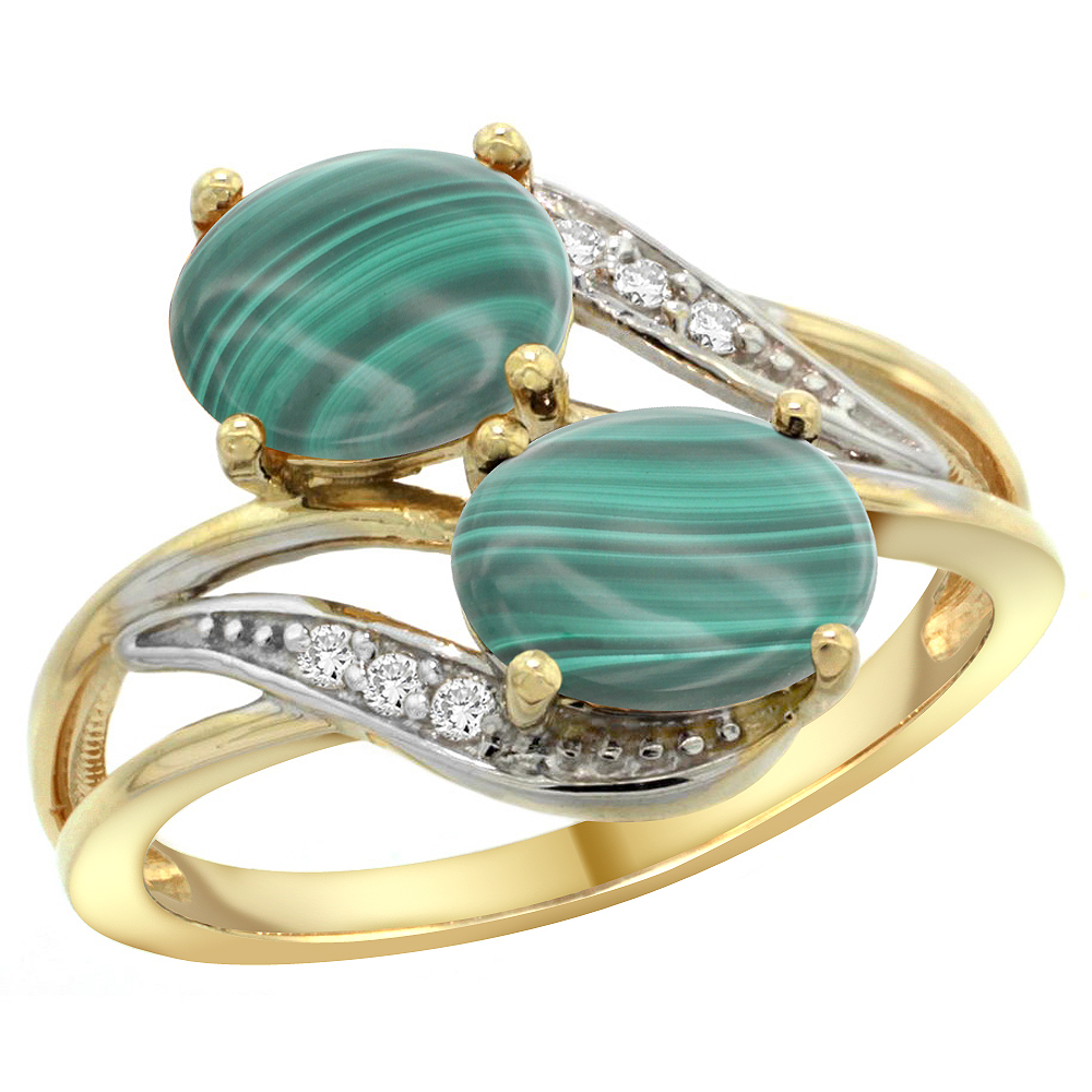 14K Yellow Gold Diamond Natural Malachite 2-stone Ring Oval 8x6mm, sizes 5 - 10