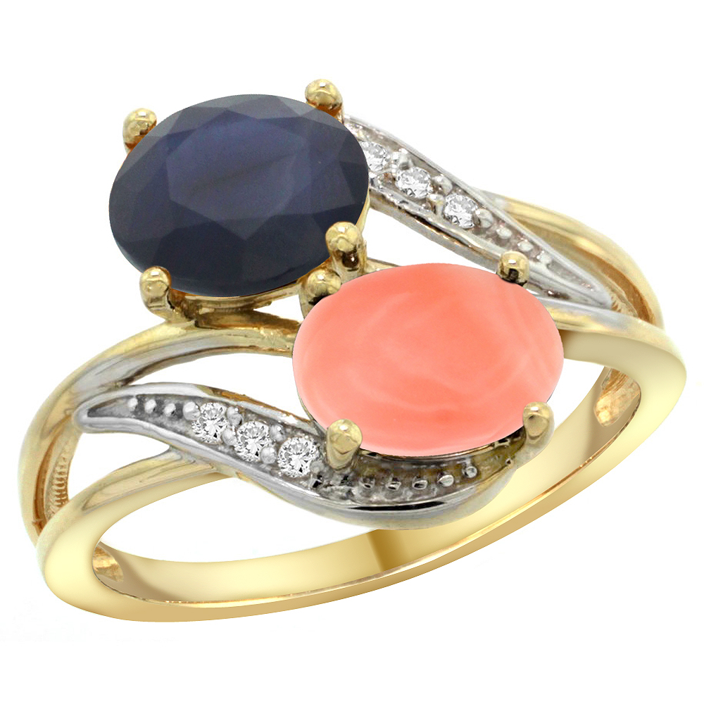 14K Yellow Gold Diamond Natural Quality Blue Sapphire &amp; Coral 2-stone Mothers Ring Oval 8x6mm, size5 - 10