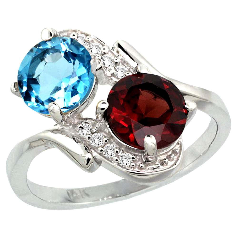 14k White Gold Diamond Natural Swiss Blue Topaz & Garnet Mother's Ring Round 7mm, 3/4 inch wide, sizes 5 - 10