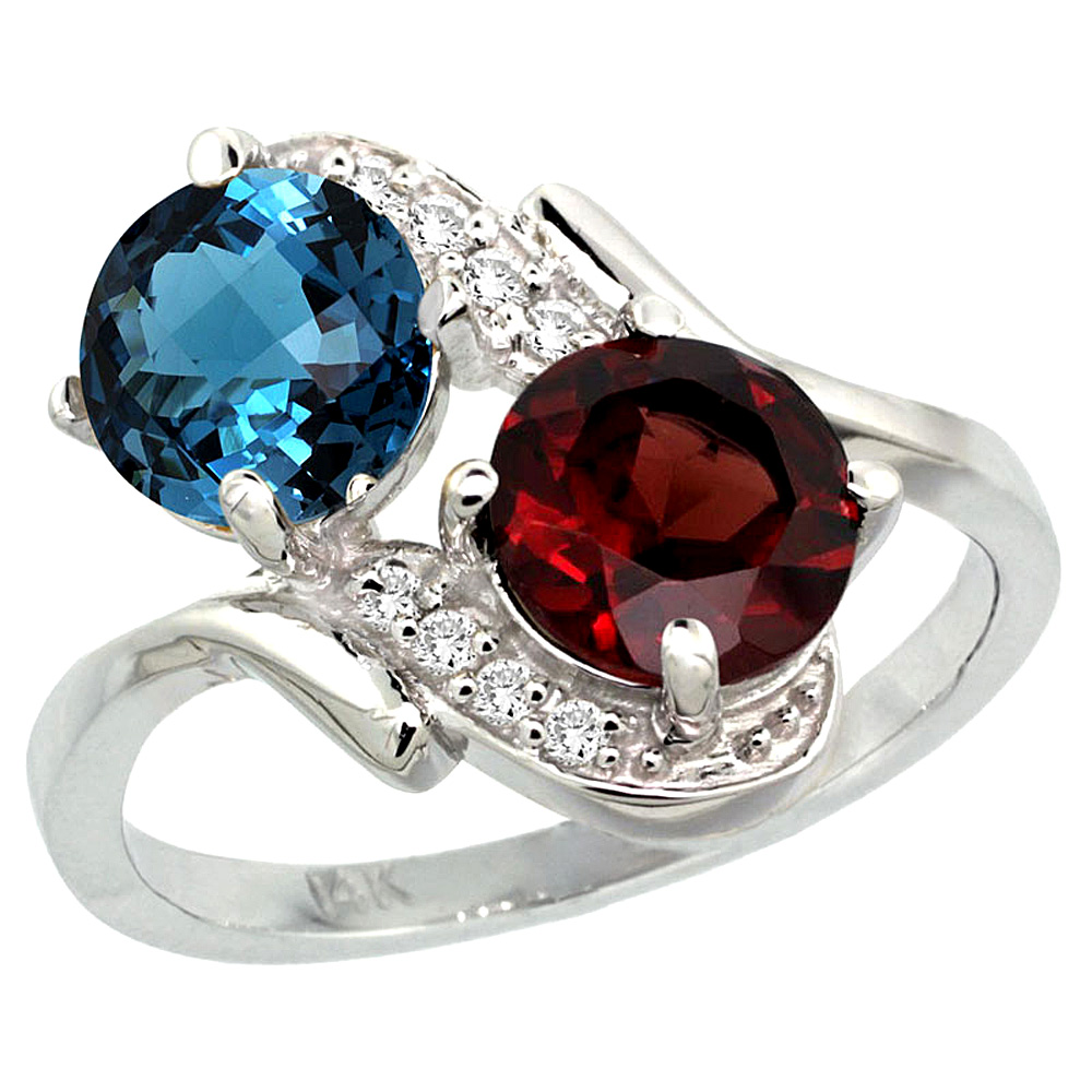 14k White Gold Diamond Natural London Blue Topaz & Garnet Mother's Ring Round 7mm, 3/4 inch wide, sizes 5 - 10