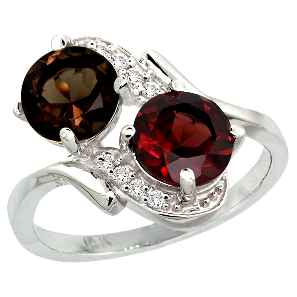 14k White Gold Diamond Natural Smoky Topaz & Garnet Mother's Ring Round 7mm, 3/4 inch wide, sizes 5 - 10