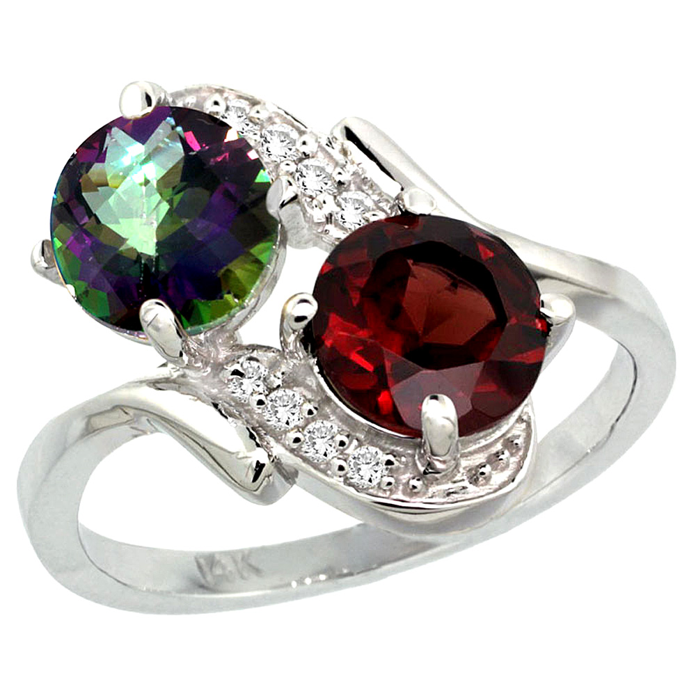 14k White Gold Diamond Natural Mystic Topaz & Garnet Mother's Ring Round 7mm, 3/4 inch wide, sizes 5 - 10