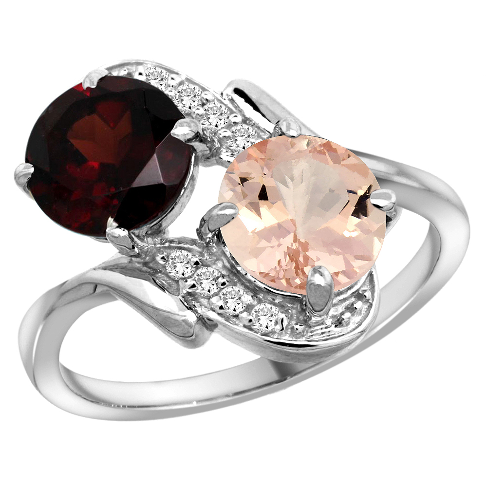 14k White Gold Diamond Natural Garnet & Morganite Mother's Ring Round 7mm, 3/4 inch wide, sizes 5 - 10