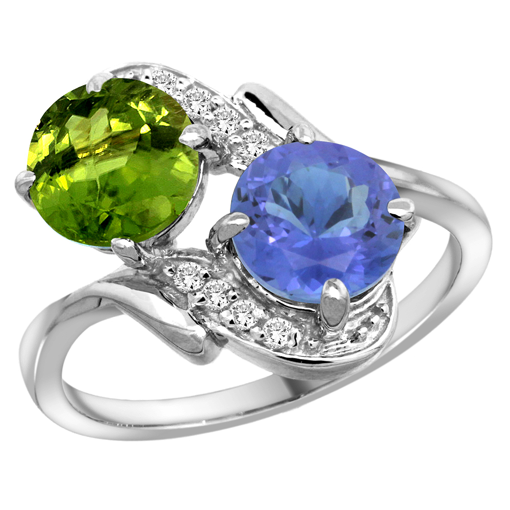 14k White Gold Diamond Natural Peridot & Tanzanite Mother's Ring Round 7mm, 3/4 inch wide, sizes 5 - 10