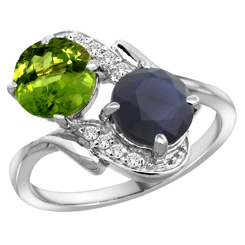 14k White Gold Diamond Natural Peridot & Quality Blue Sapphire 2-stone Mothers Ring Round 7mm,size5-10