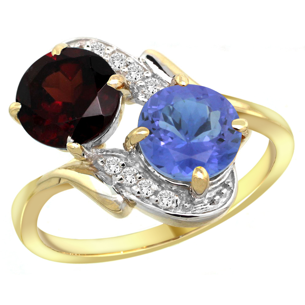 14k Yellow Gold Diamond Natural Garnet & Tanzanite Mother's Ring Round 7mm, 3/4 inch wide, sizes 5 - 10