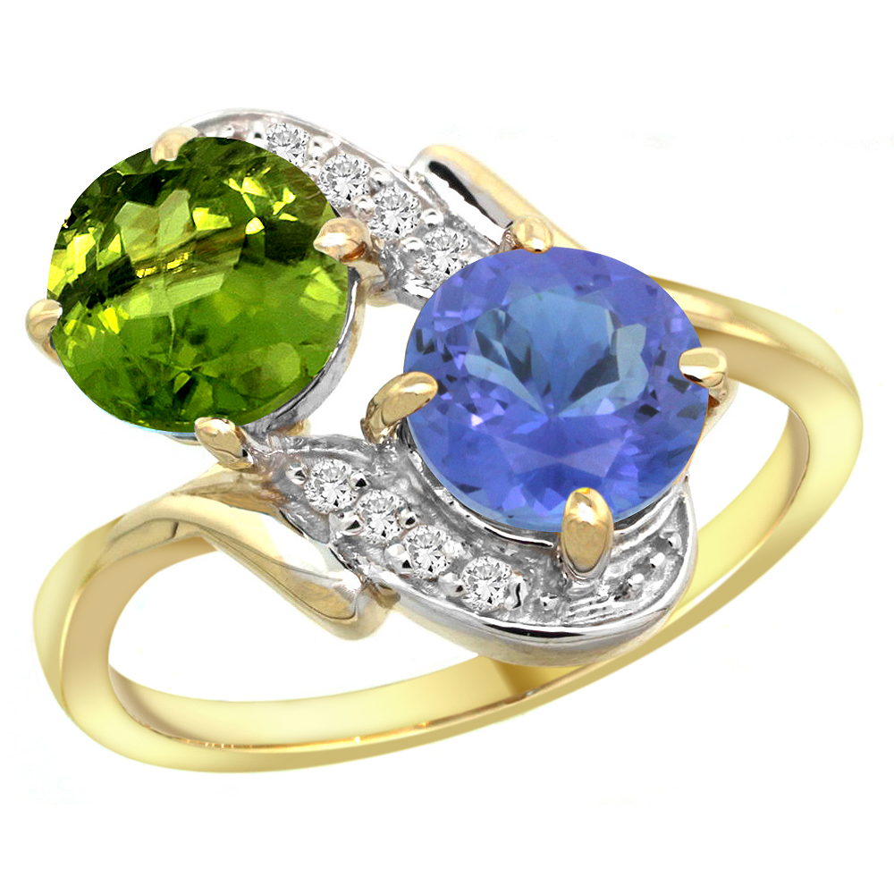 14k Yellow Gold Diamond Natural Peridot & Tanzanite Mother's Ring Round 7mm, 3/4 inch wide, sizes 5 - 10