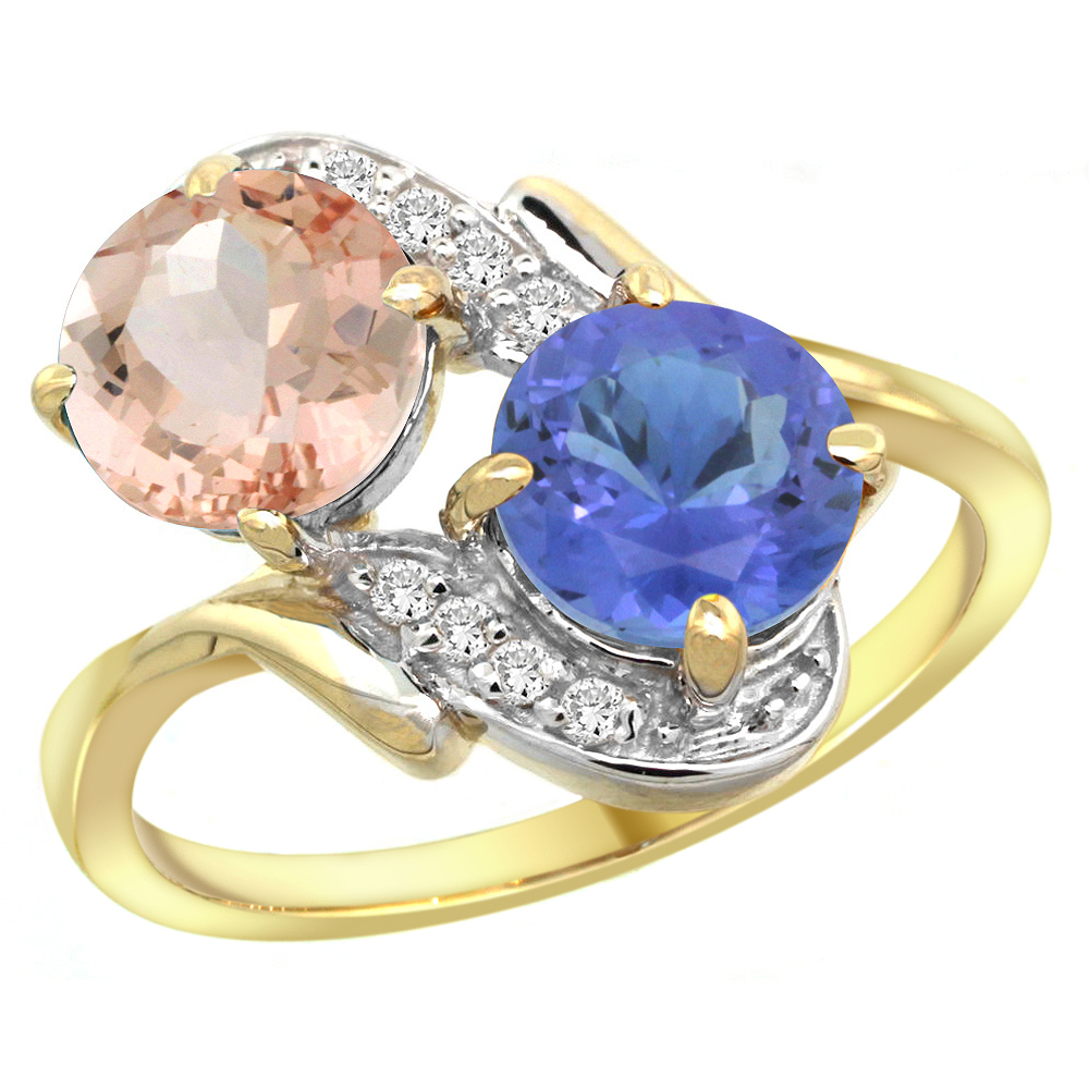 14k Yellow Gold Diamond Natural Morganite &amp; Tanzanite Mother&#039;s Ring Round 7mm, 3/4 inch wide, sizes 5 - 10