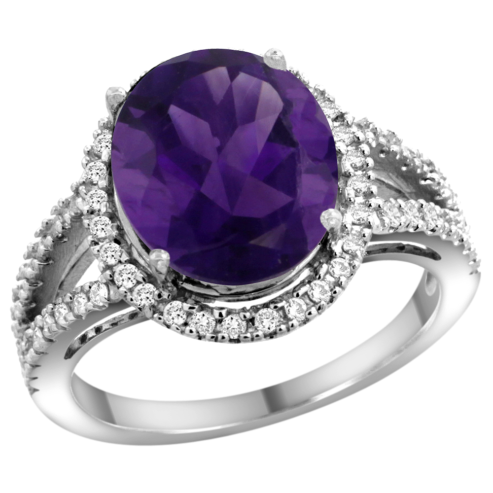 14k White Gold Natural Amethyst Ring Oval 12x10mm Diamond Accents, sizes 5 - 10