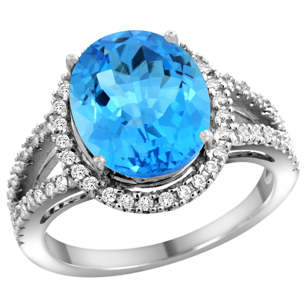 14k White Gold Natural Swiss Blue Topaz Ring Oval 12x10mm Diamond Accents, sizes 5 - 10