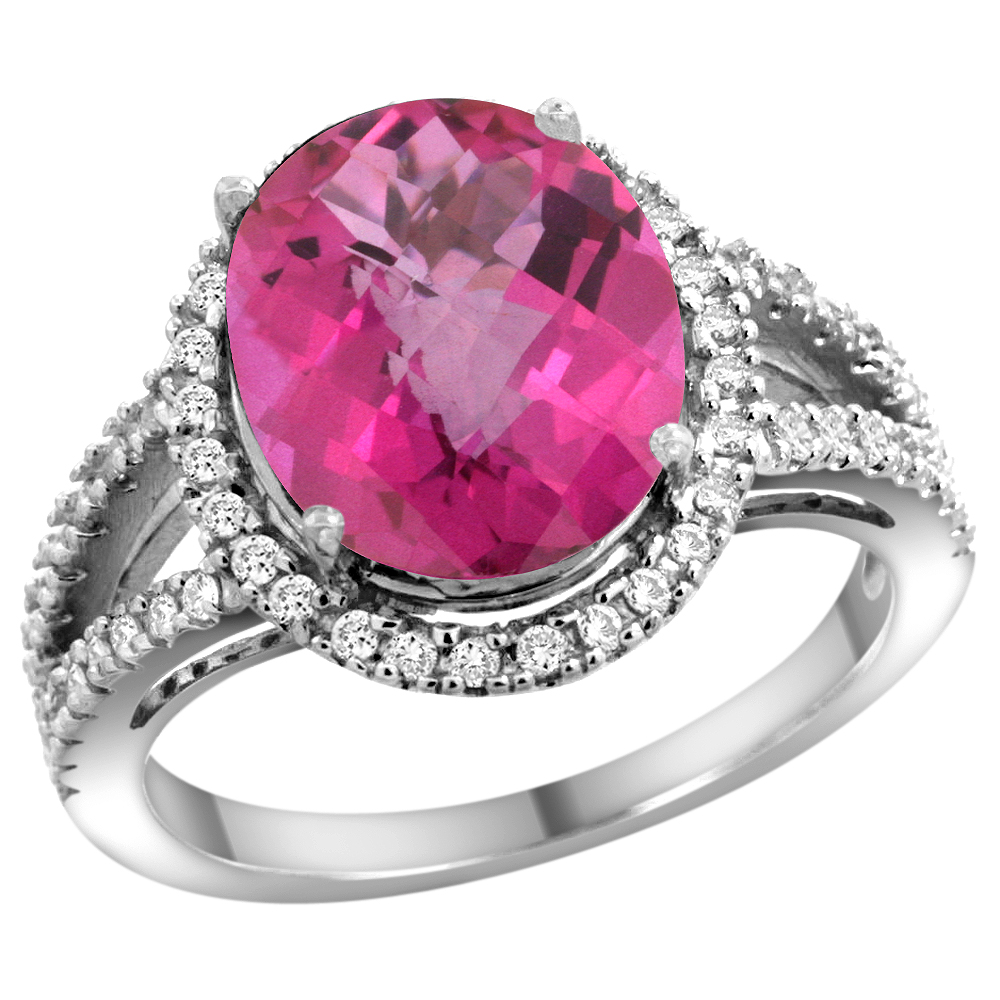14k White Gold Natural Pink Topaz Ring Oval 12x10mm Diamond Accents, sizes 5 - 10