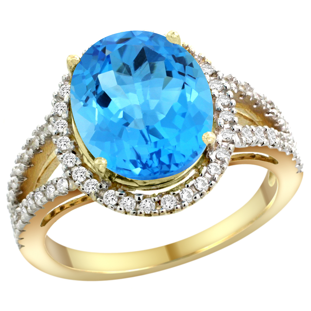 14k Yellow Gold Natural Swiss Blue Topaz Ring Oval 12x10mm Diamond Accents, sizes 5 - 10