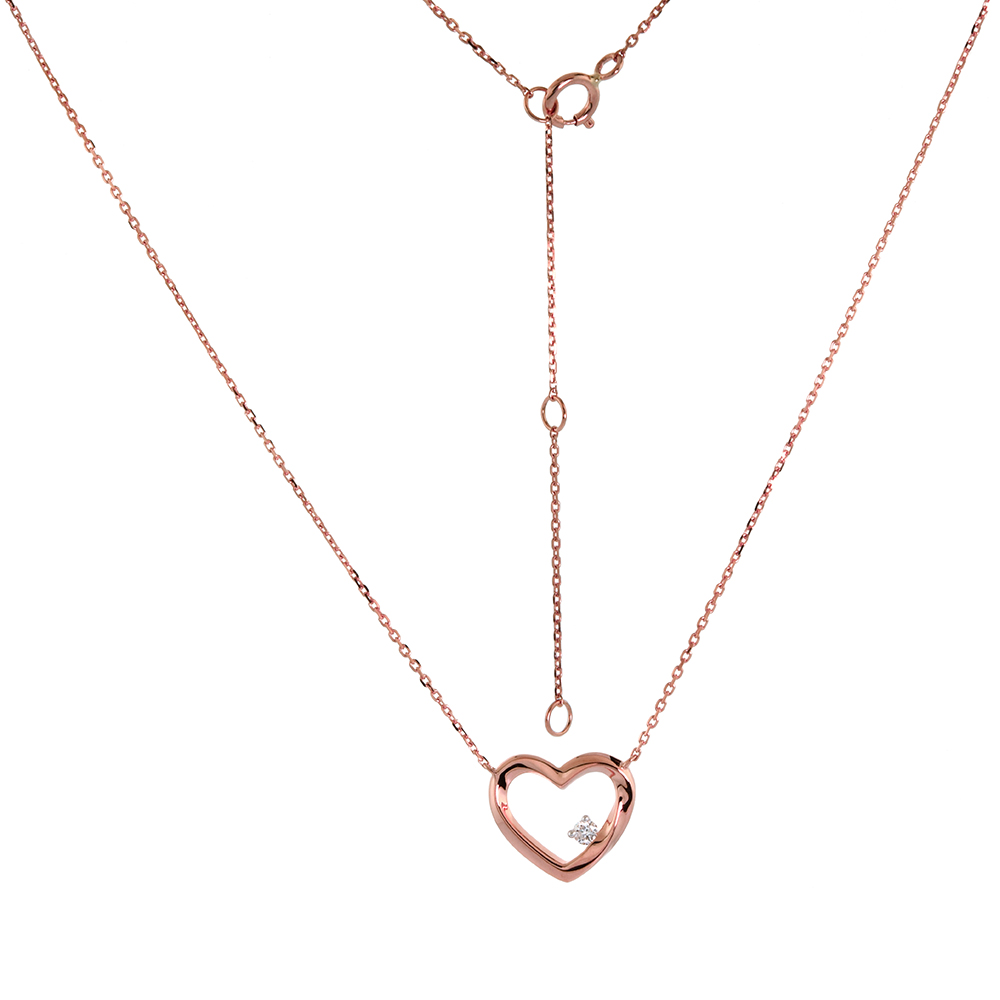 Dainty 14k Rose Gold Diamond Open Heart Necklace 16-18 inch 0.04 cttw