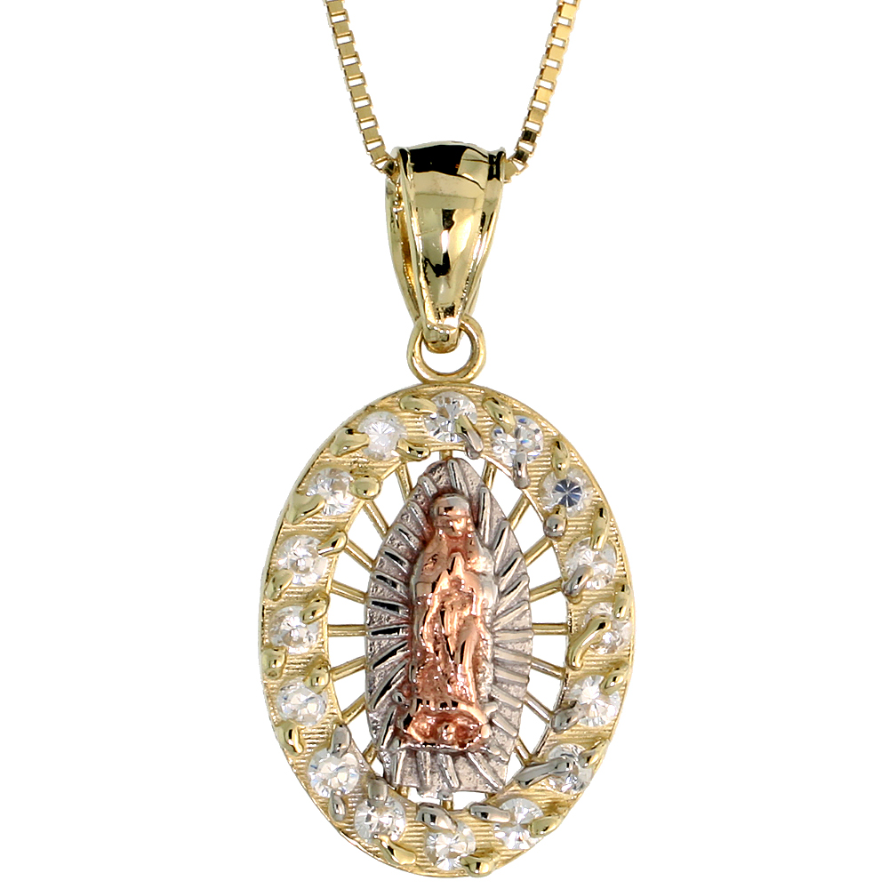 10k Gold CZ Our Lady of Guadalupe Necklace 3-tone 3/4 high, 18 inch