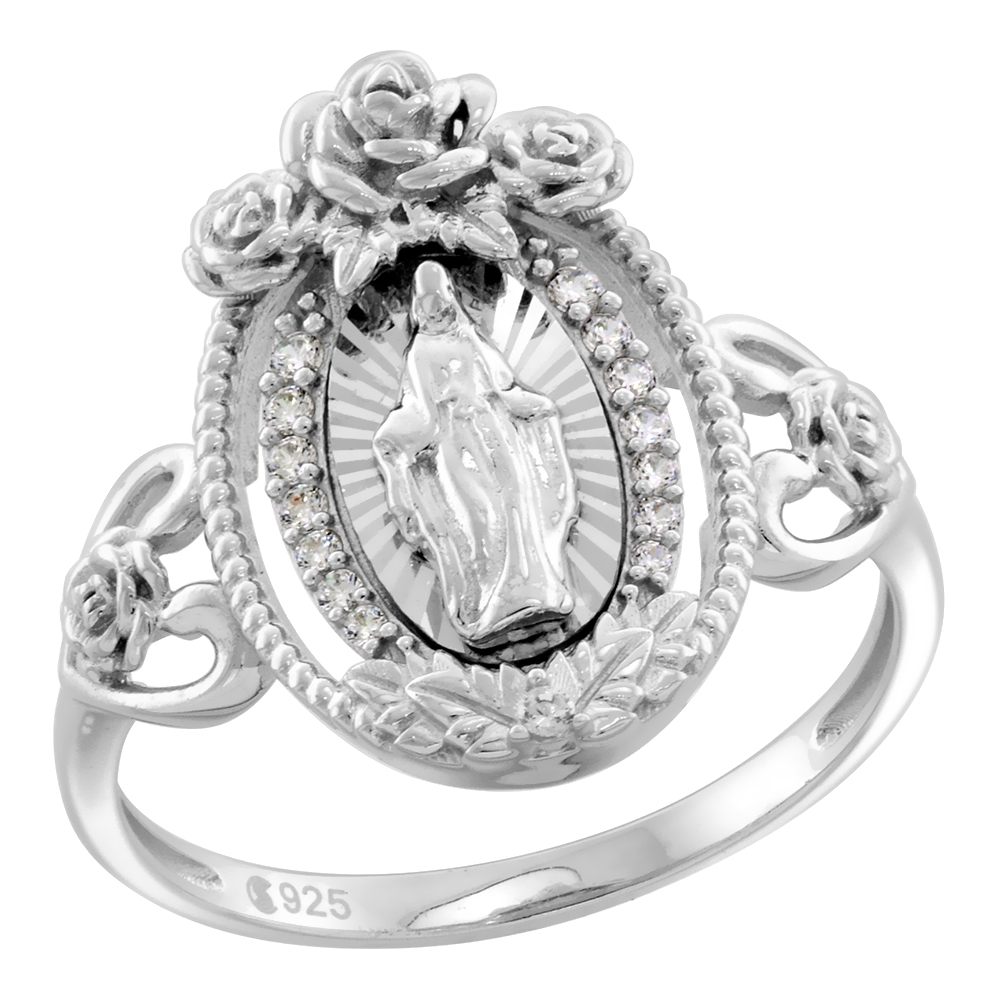 Sterling Silver CZ Halo Miraculous Virgin Mary Ring for Women Diamond Cut Aureola 3 Roses Heart Sides Rhodium Finish 3/4 inch wide sizes 6 to 9