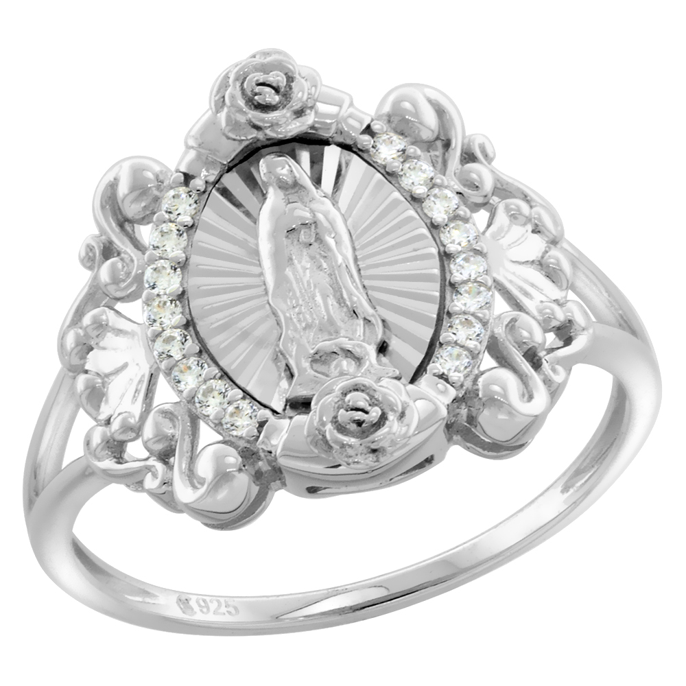 Sterling Silver CZ S Scrolls Our Lady of Guadalupe Ring for Women Diamond Cut Aureola Split Shank Rhodium Finish 5/8 inch wide sizes 6 to 9