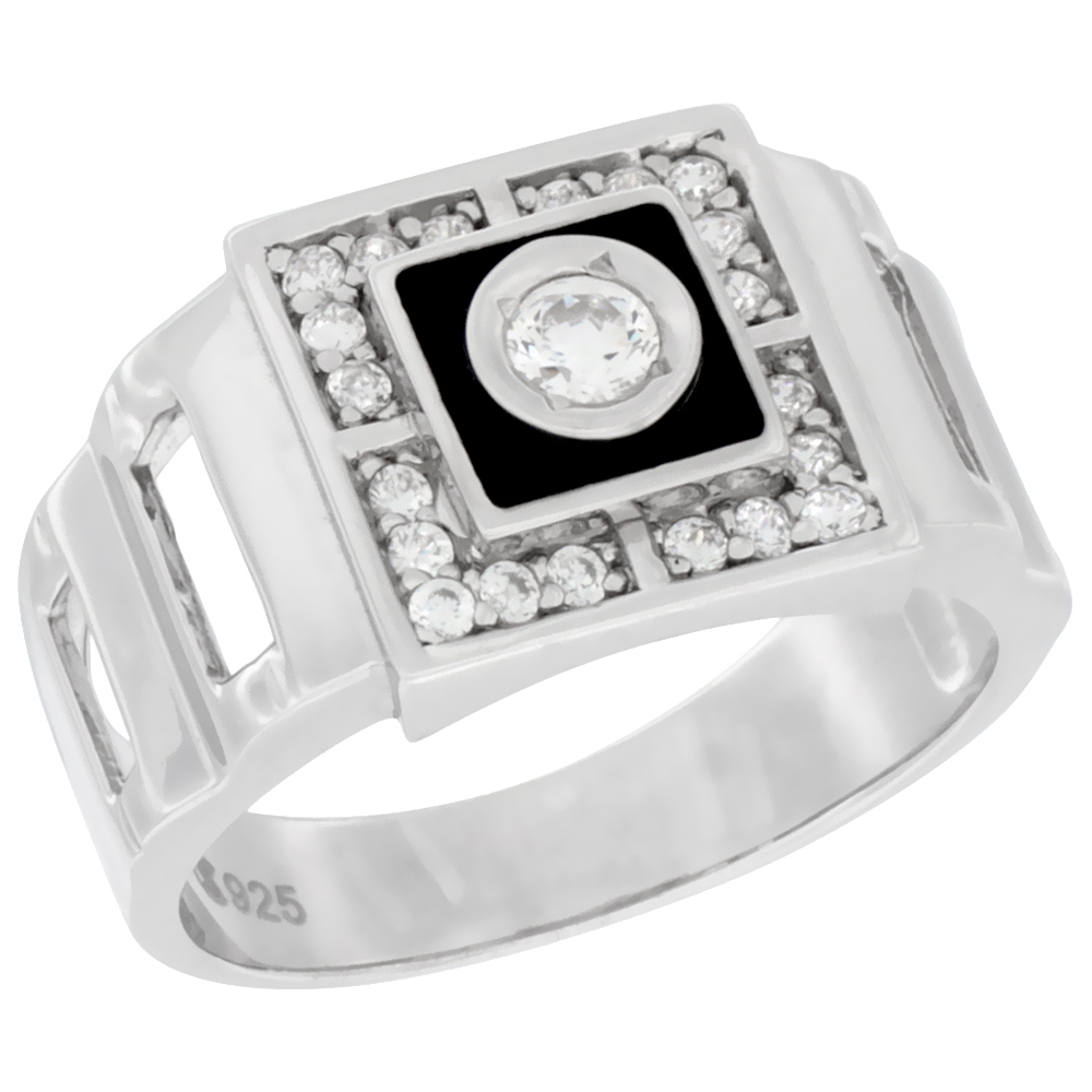 Mens Sterling Silver Square Black Onyx Ring Cubic Zirconia Stones Open Sides 9/16 inch wide