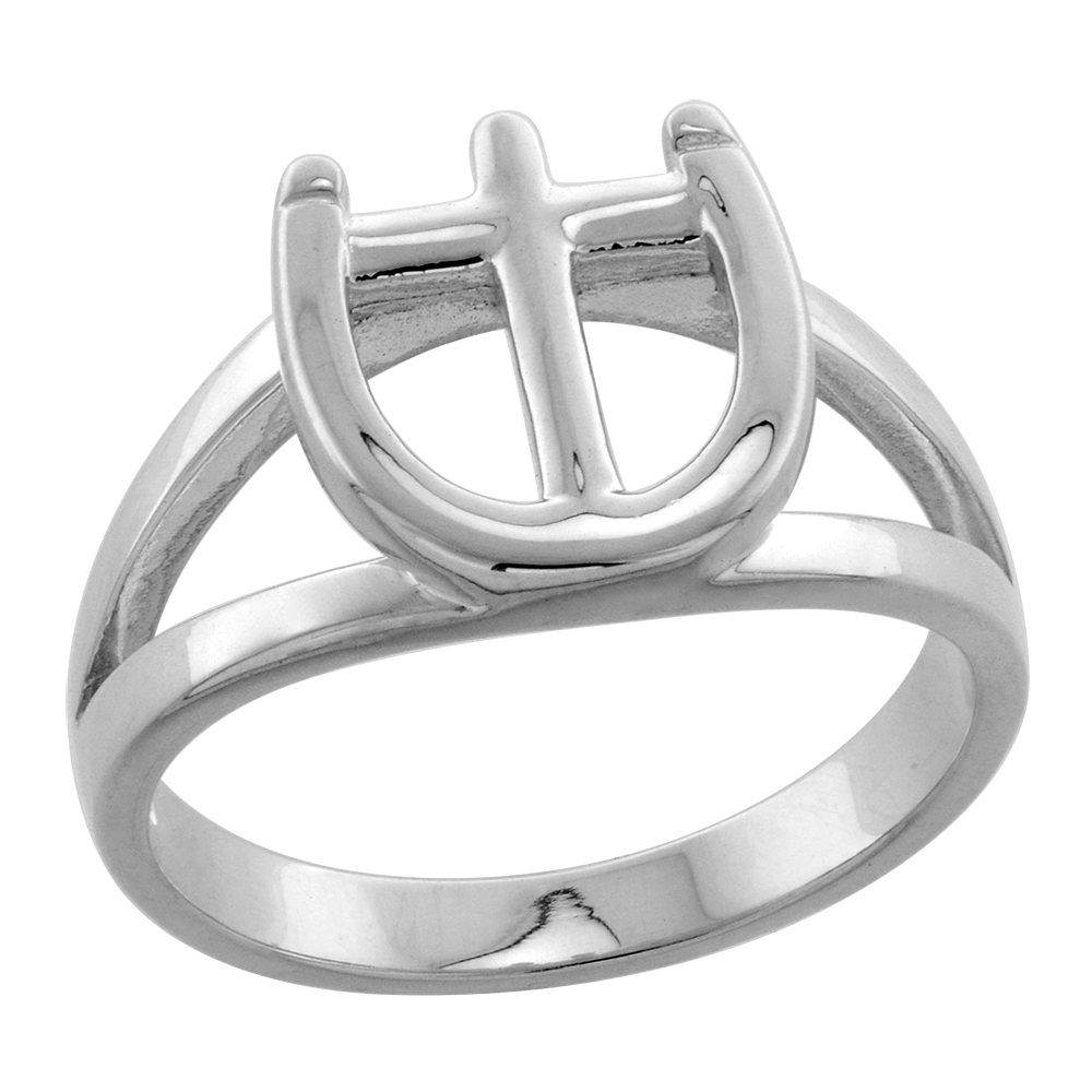 Sterling Silver Lucky Horseshoe Cross Ring for Women Flawless High Polish 1/2 inch wide size 6 to 9