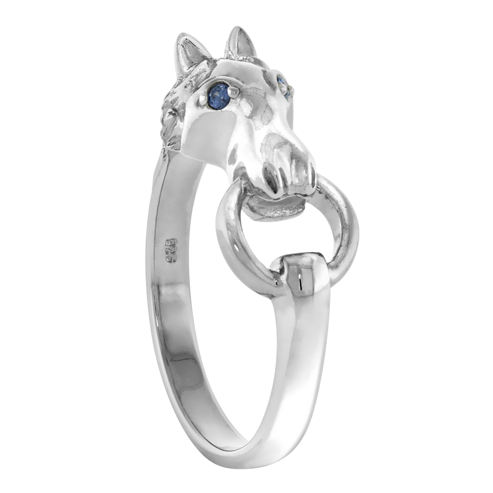 Sterling Silver CZ Blue Eyes Horse Head Door Knocker Ring for Women Flawless Polished Finish 1/4 inch wide size 6 to 9