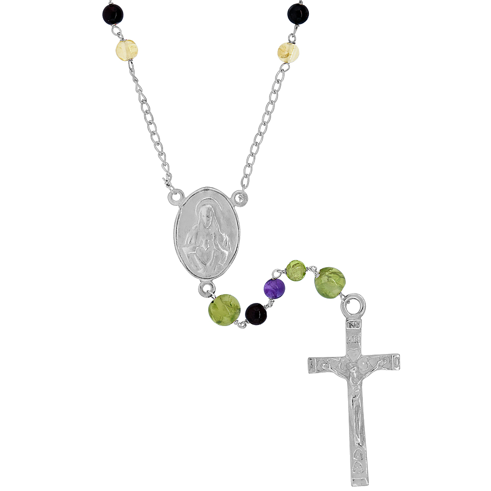 Sterling Silver 4mm Genuine Tourmaline Rosary Necklace Mother Mary &amp; Sacred Heart of Jesus Center 25 inch