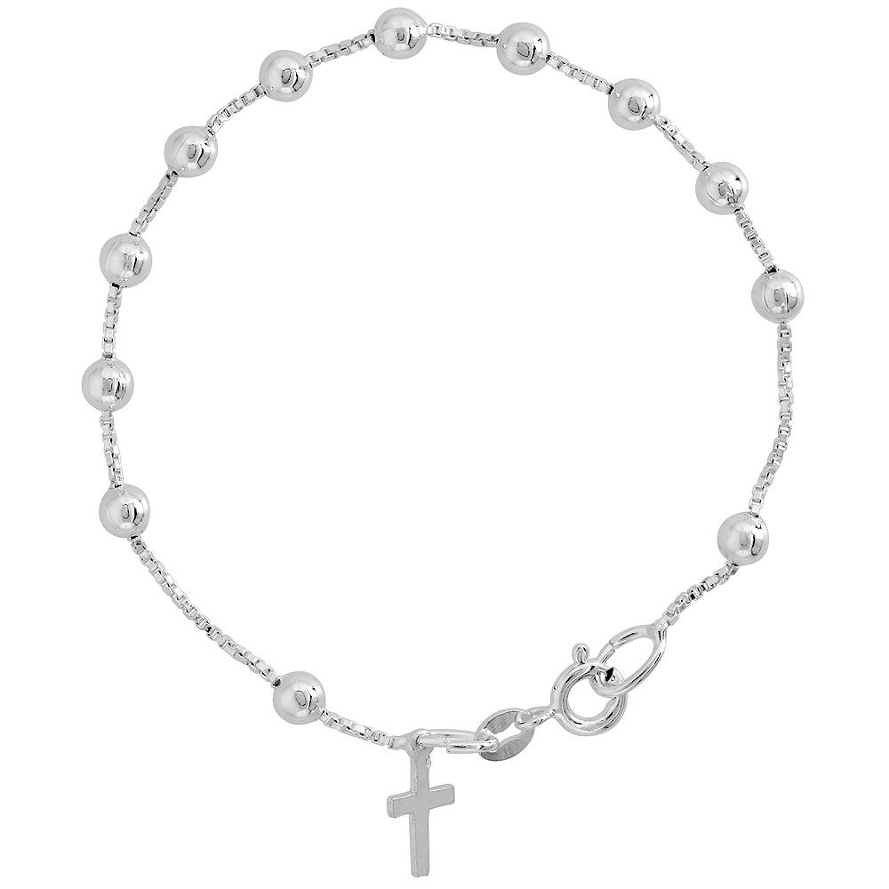 Sterling Silver Rosary Bracelet 4 mm Beads Nickel Free Italy 7 inch